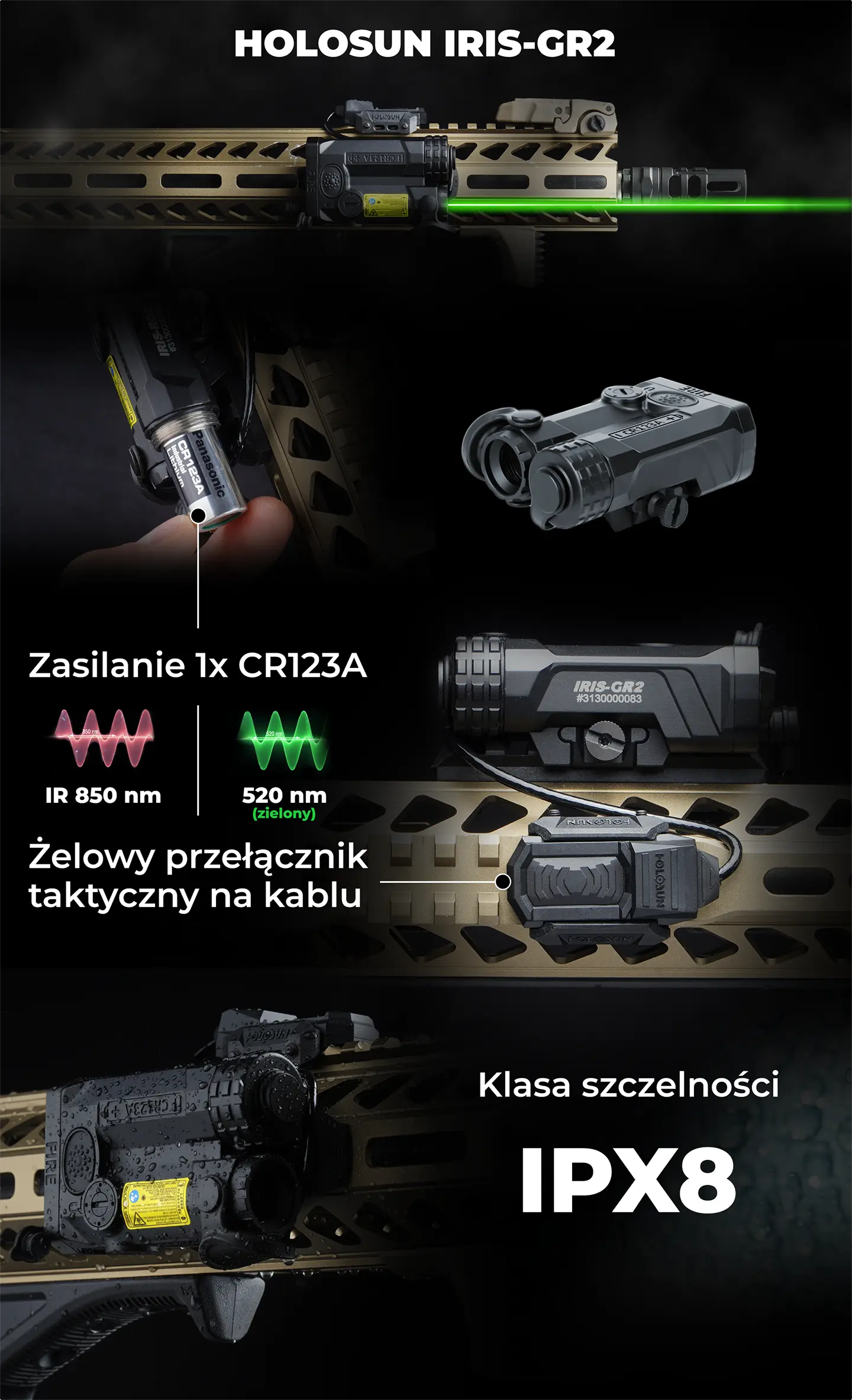 Holosun IRISGR2 Laserowy wskaźnik celu Iris - Aluminium - Zielony/IR laser - Czarny - IRIS-GR2