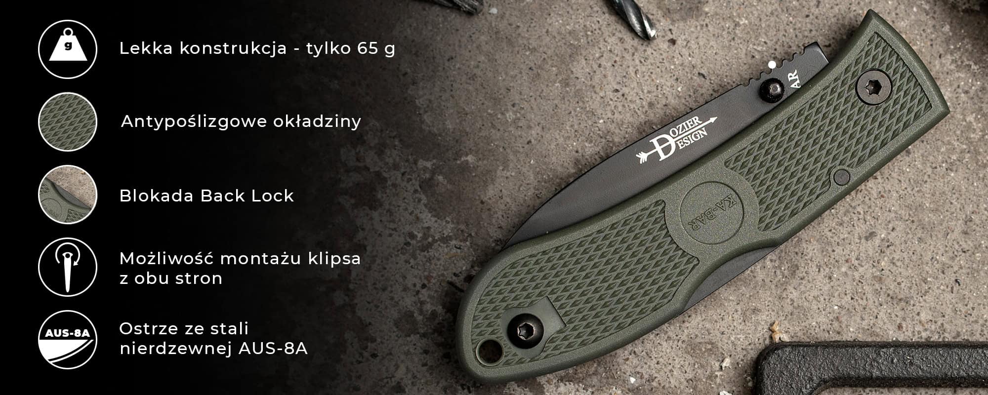 Nóż składany Ka-Bar Dozier Folding Hunter - Kelly Green 4062KG - Cechy