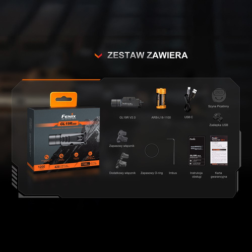 Fenix - Latarka taktyczna na broń pistoletowa GL19R V2.0 - 1200 lm - Picatinny/Glock - Czarna - GL19R V2.0