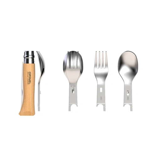 Opinel - Zestaw sztućców turystycznych Complete Picnic Plus z nożem No. 08 - Stal nierdzewna - Drewno - 002500