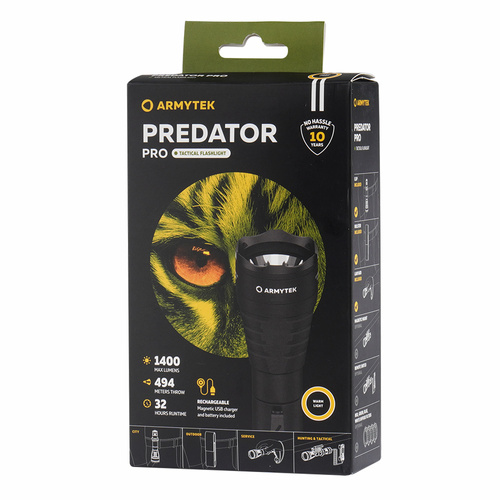 Armytek - Latarka taktyczna Predator Pro Magnet USB - Warm - 1400 lumenów - F07301W