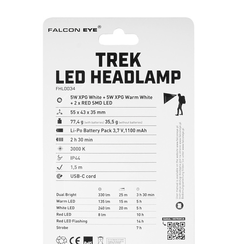 Falcon Eye - Latarka czołówka Trek - 330lm - USB-C - Akumulator - Dual Power System - Zielony - FHL0034